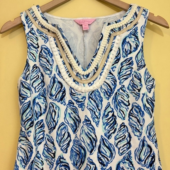Lilly Pulitzer | Harper Blue White Conch Shell Pattern Tropical Shift Dress XXS - Picture 4 of 17